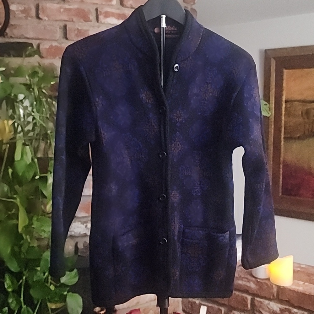 Globe Textured Wool Blend Mandarin Collar Cardigan Jacket Black Blue